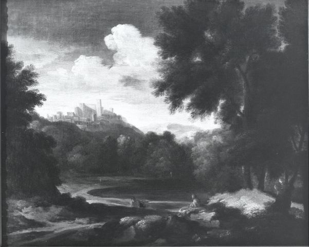 Anonimo — Bloemen Jan Frans van - sec. XVII/ XVIII - Paesaggio lacustre con figure — insieme